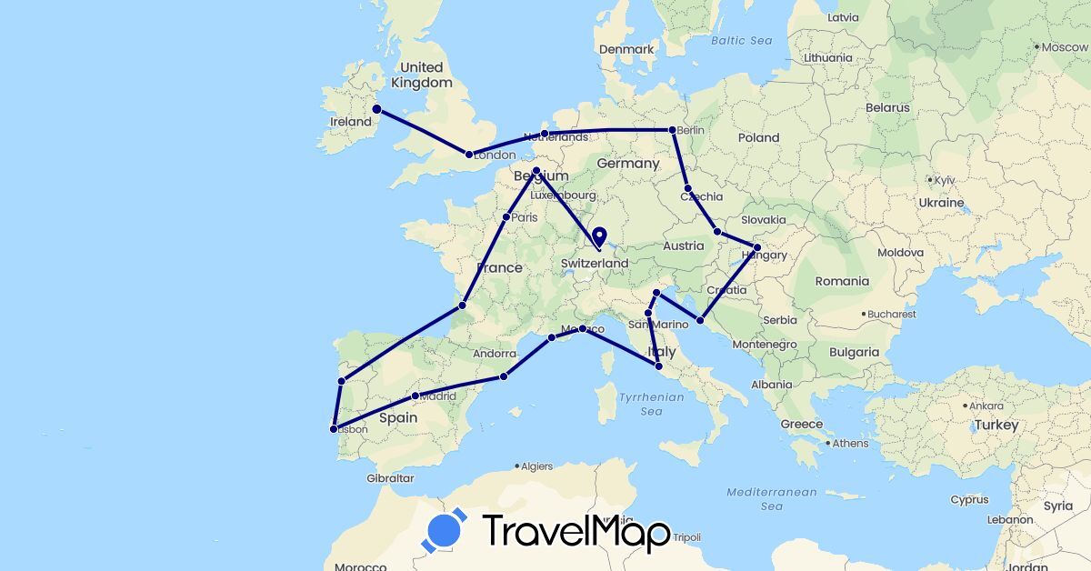 TravelMap itinerary: driving in Austria, Belgium, Switzerland, Czech Republic, Germany, Spain, France, United Kingdom, Croatia, Hungary, Ireland, Italy, Monaco, Netherlands, Portugal (Europe)
